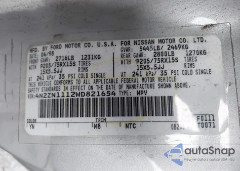 1998 Nissan Quest Gxe/Xe z USA, uszkodzony, nr VIN 4N2ZN1112WD821654